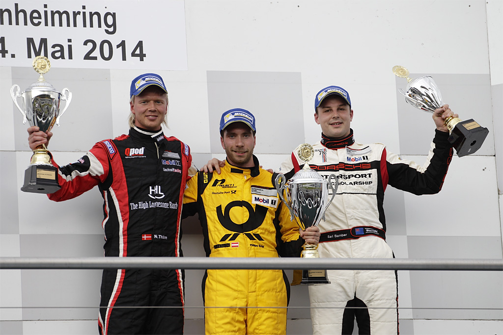 Podiet efter første løb: Nicki Thiim, Philipp Eng og Earl Bamber
(Foto: Porsche / Bildagentur Kräling)